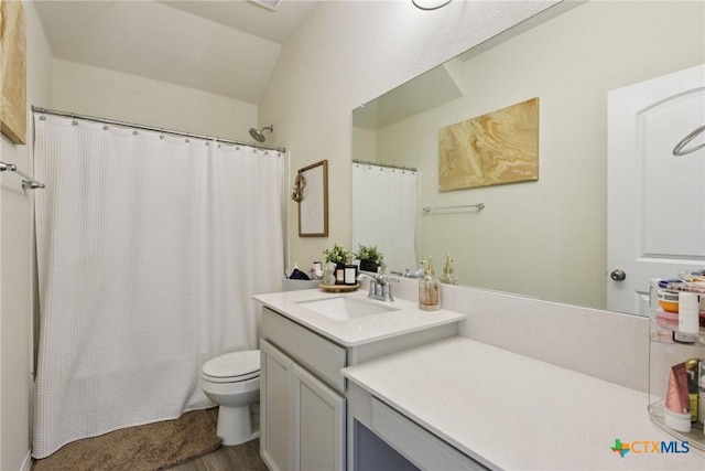 4032 Wild Bloom Rd, Seguin, TX 78155 - bathroom with vanity, lofted ceiling, shower / tub combo with curtain, and wood finished floors