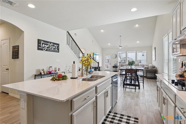 4032 Wild Bloom Rd, Seguin, TX 78155 - kitchen with a ceiling fan, stainless steel dishwasher, light wood finished floors, open floor plan, and a center island with sink