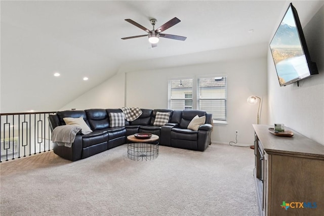 4032 Wild Bloom Rd, Seguin, TX 78155 - living room featuring a ceiling fan, light colored carpet, vaulted ceiling, and recessed lighting