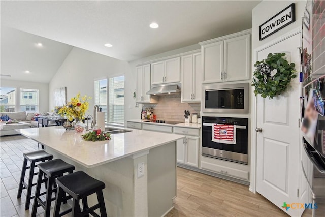 4032 Wild Bloom Rd, Seguin, TX 78155 - kitchen featuring appliances with stainless steel finishes, under cabinet range hood, backsplash, lofted ceiling, and white cabinets