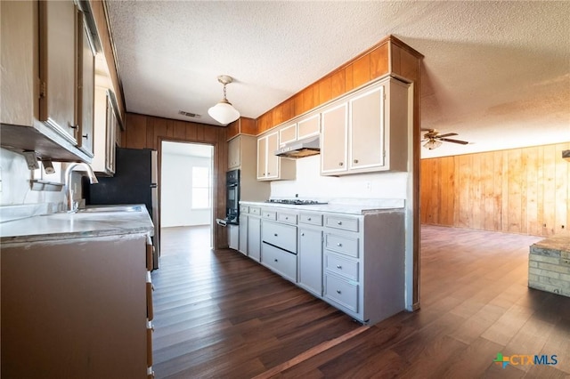 kitchen with a textured ceiling, ceiling fan, dark wood-type flooring, sink, and black oven