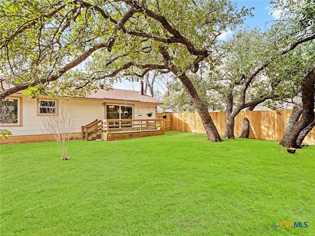 view of yard featuring a fenced backyard and a wooden deck