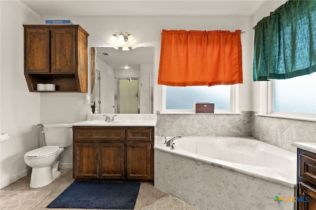 full bath featuring toilet, a shower stall, vanity, and a bath