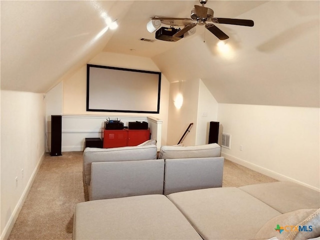 127 Augusta Dr, Wimberley, TX 78676 - home theater featuring light colored carpet, lofted ceiling, ceiling fan, and baseboards