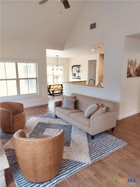 127 Augusta Dr, Wimberley, TX 78676 - living room featuring ceiling fan, baseboards, high vaulted ceiling, and wood finished floors