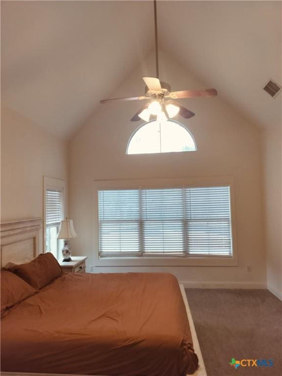 127 Augusta Dr, Wimberley, TX 78676 - carpeted bedroom with high vaulted ceiling and a ceiling fan
