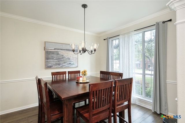 dining space with a wealth of natural light, baseboards, dark wood-style floors, and ornamental molding