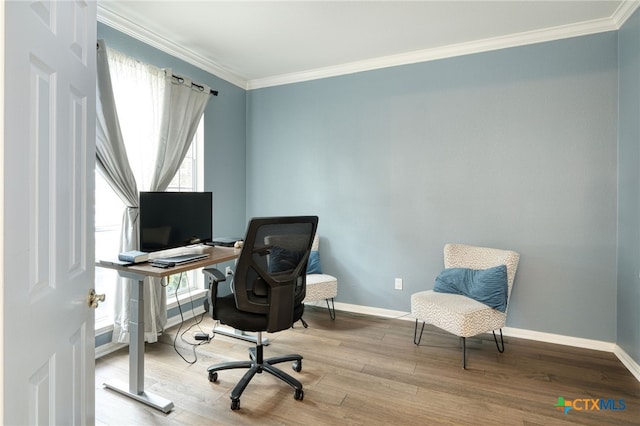 office space featuring wood finished floors, baseboards, and ornamental molding