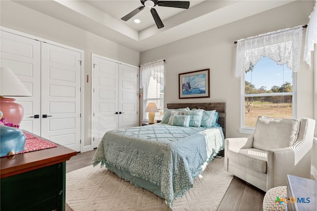 bedroom featuring multiple windows, wood-type flooring, two closets, and ceiling fan