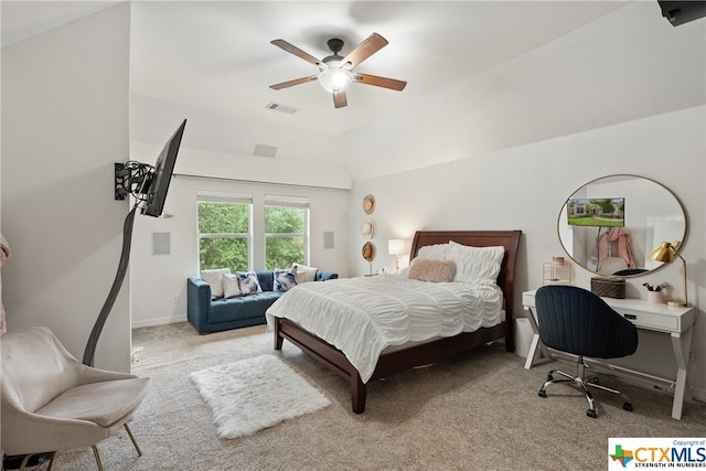 bedroom with lofted ceiling, ceiling fan, carpet floors, visible vents, and baseboards