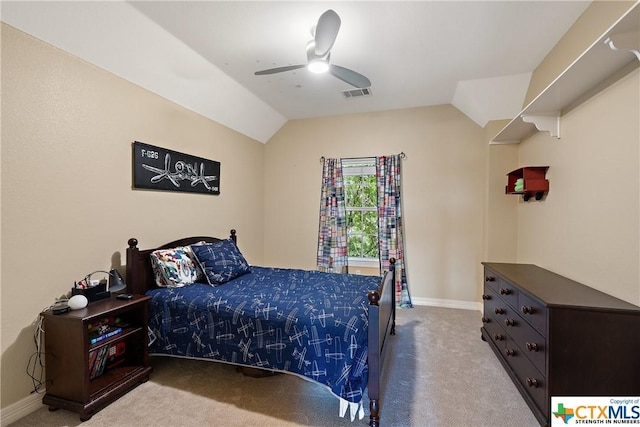 445 Champions Dr, Georgetown, TX 78628 - carpeted bedroom featuring lofted ceiling, baseboards, and a ceiling fan