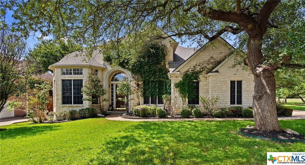 445 Champions Dr, Georgetown, TX 78628 - french country inspired facade with a front yard, stone siding, and roof with shingles