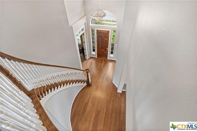 445 Champions Dr, Georgetown, TX 78628 - entrance foyer featuring wood finished floors, a chandelier, and a high ceiling