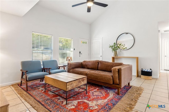 5445 Chimney Rock, Canyon Lake, TX 78133 - tiled living room featuring high vaulted ceiling and ceiling fan