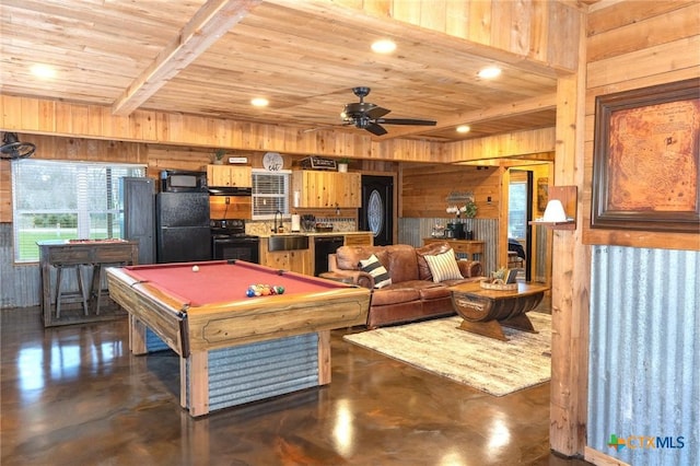 playroom with sink, wood ceiling, pool table, and wood walls