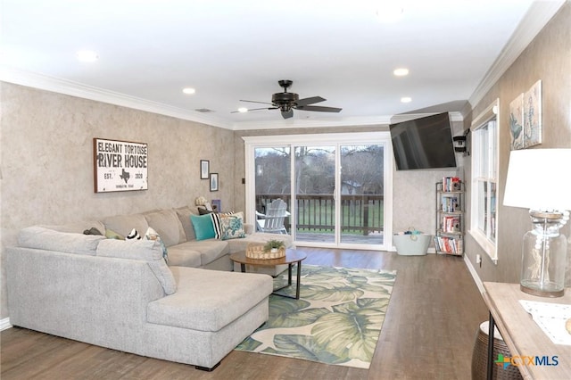 living room featuring wood-type flooring, ceiling fan, and crown molding