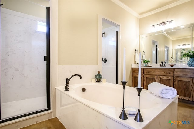 bathroom with vanity, shower with separate bathtub, and ornamental molding