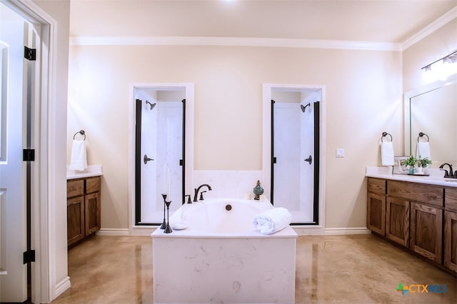 bathroom featuring vanity, concrete floors, plus walk in shower, and ornamental molding