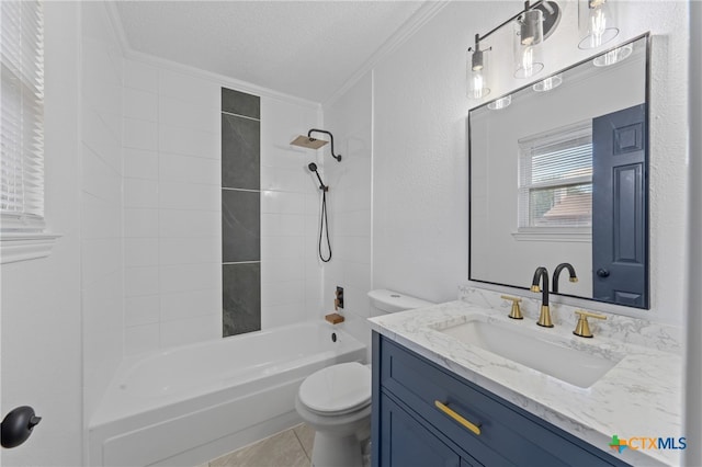 full bathroom with toilet, tiled shower / bath, a textured ceiling, ornamental molding, and vanity