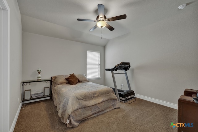 588 Vale Ct, New Braunfels, TX 78132 - bedroom with lofted ceiling, ceiling fan, and dark carpet