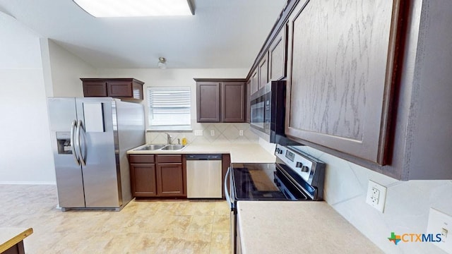 kitchen featuring decorative backsplash, sink, dark brown cabinets, and appliances with stainless steel finishes