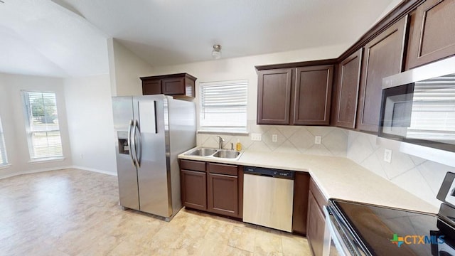 kitchen with backsplash, dark brown cabinetry, sink, and stainless steel appliances