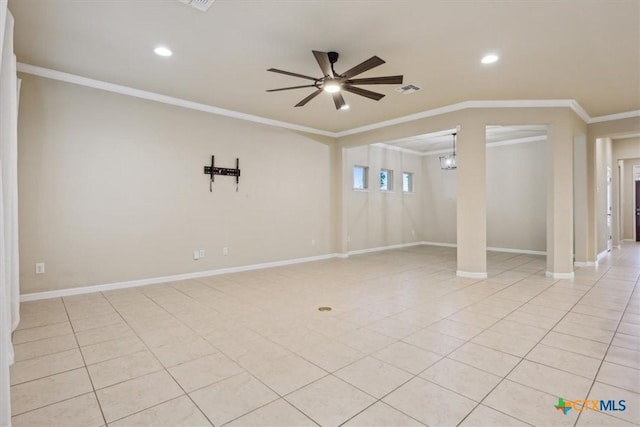 212 Lasata Ln, Belton, TX 76513 - unfurnished room with crown molding, ceiling fan, light tile patterned floors, recessed lighting, and baseboards