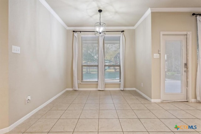 212 Lasata Ln, Belton, TX 76513 - unfurnished dining area with crown molding, light tile patterned flooring, baseboards, and a chandelier