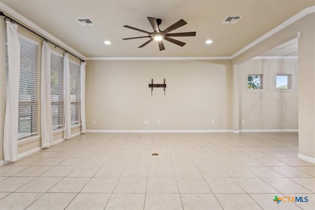 212 Lasata Ln, Belton, TX 76513 - empty room featuring crown molding, a ceiling fan, baseboards, recessed lighting, and light tile patterned floors