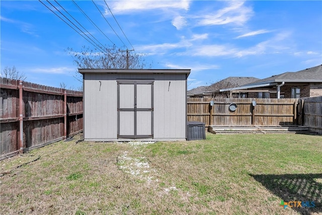 view of shed with a fenced backyard