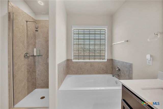 full bath featuring a shower stall, vanity, and a bath