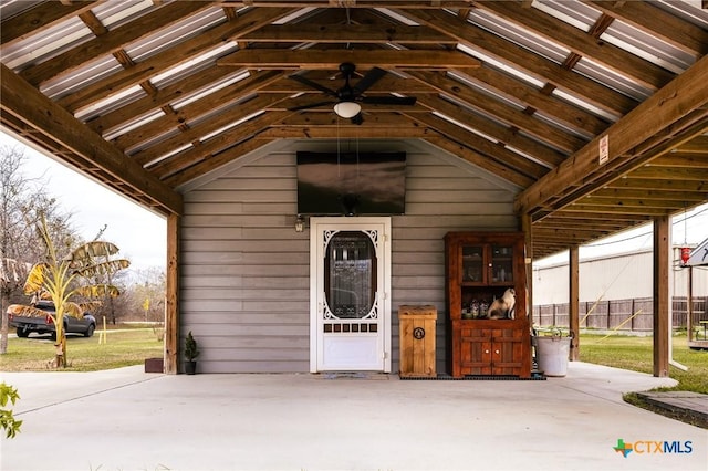 exterior space featuring ceiling fan and a patio