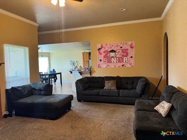 9604 Diana Dr, Killeen, TX 76542 - living area with ornamental molding, carpet floors, arched walkways, a ceiling fan, and baseboards