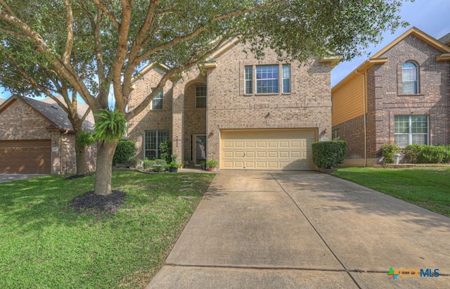 1104 Magellan, Windcrest, TX 78239 - traditional-style home with concrete driveway, a front lawn, a garage, and brick siding