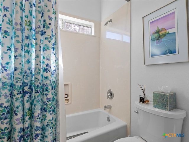 full bath with toilet and shower / bath combination with curtain