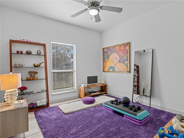 exercise room featuring wood finished floors and ceiling fan