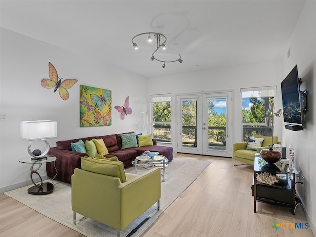 living area featuring wood finished floors, french doors, and a wealth of natural light