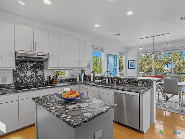 kitchen with under cabinet range hood, a sink, a peninsula, black electric cooktop, and dishwasher