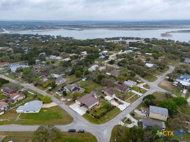 aerial view featuring a water view and a residential view
