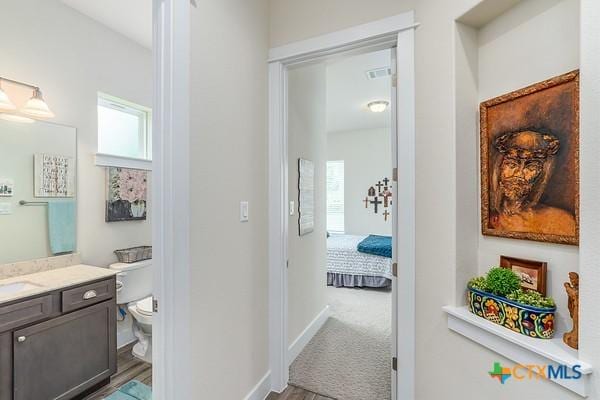 hallway featuring baseboards, a sink, and light colored carpet