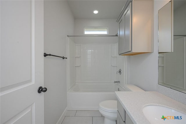 bathroom with toilet, shower / tub combination, vanity, and tile patterned floors