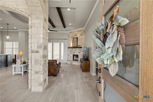 813 Reston Rd, Temple, TX 76502 - living room with ornamental molding, ornate columns, wood finished floors, beamed ceiling, and plenty of natural light