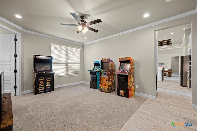 813 Reston Rd, Temple, TX 76502 - rec room with a ceiling fan, ornamental molding, light wood-type flooring, and recessed lighting