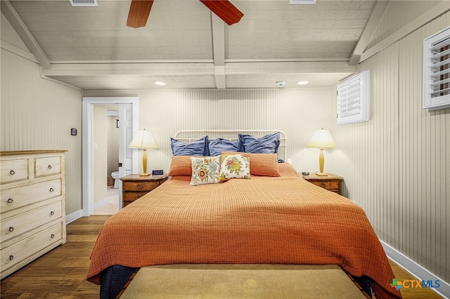 bedroom with wood-type flooring, ceiling fan, and vaulted ceiling