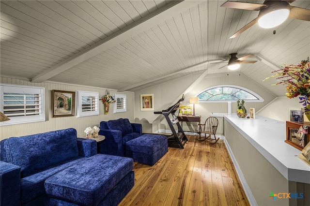 sitting room featuring lofted ceiling with beams, ceiling fan, wooden ceiling, and light wood-type flooring