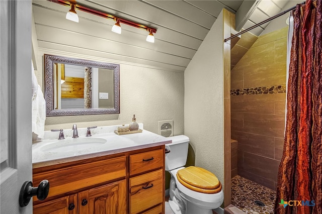 bathroom featuring vanity, toilet, and a shower with shower curtain