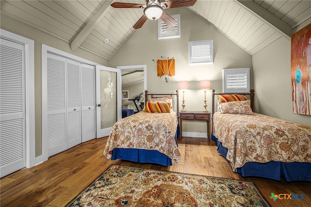 bedroom with vaulted ceiling with beams, wood ceiling, wood-type flooring, and ceiling fan