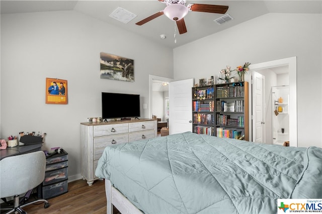 bedroom with dark wood-type flooring, ceiling fan, and lofted ceiling