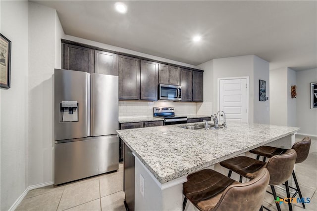 kitchen featuring dark brown cabinetry, sink, an island with sink, stainless steel appliances, and backsplash