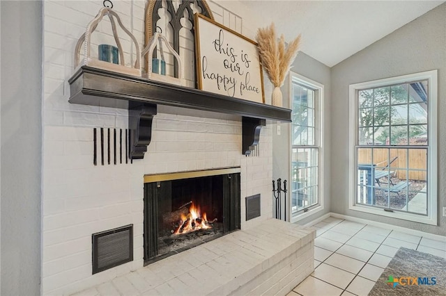 room details with a brick fireplace